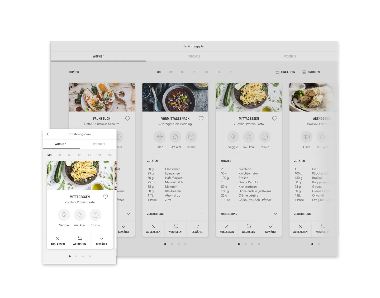JOY Fitness Ernährungsplan Plan mit Mahlzeiten (Desktop responsive Ansicht Beispiel Tag)